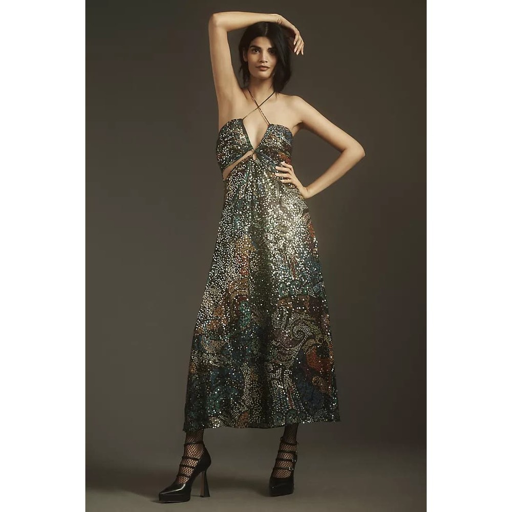 ANTHROPOLOGIE VERB by PALLAVI SINGHEE sz XL Halter Cut Out Sequin Midi Dress